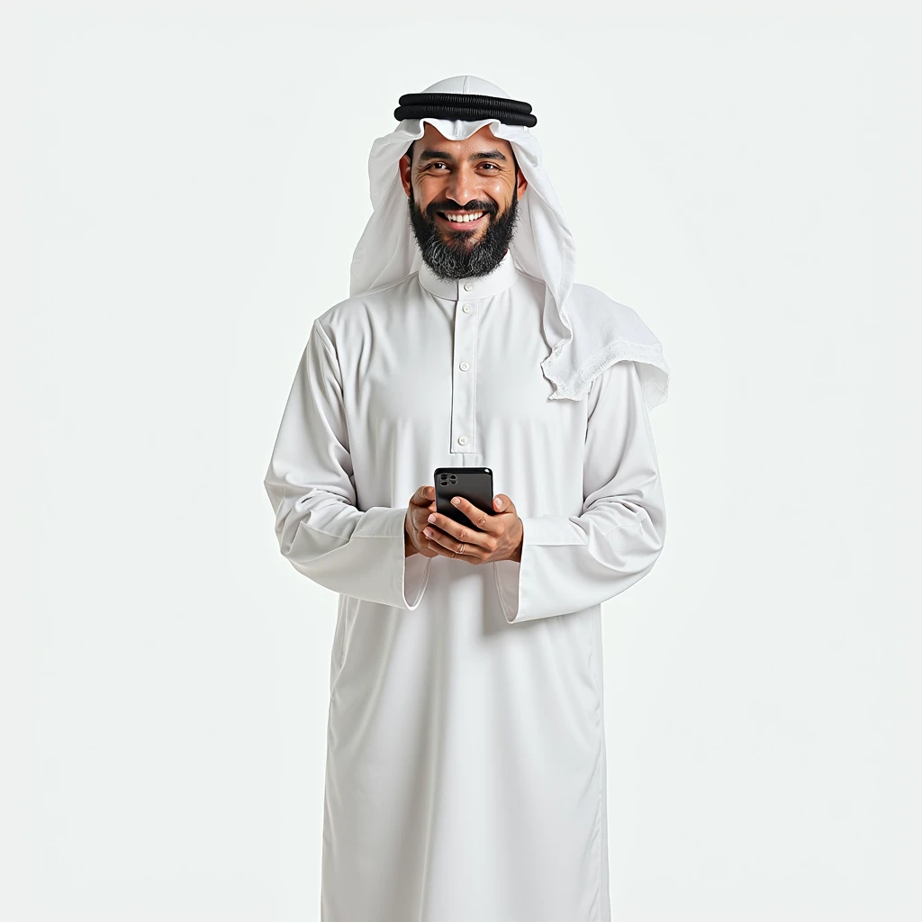 (best quality, 4k, 8k, highres, masterpiece:1.2), ultra-detailed, (realistic, photorealistic, photo-realistic:1.37), The same attractive man with blue eyes and golden hair, wearing traditional Arabian attire, holding a smartphone in his hand and smiling warmly at the camera, his expression is inviting and charming, designed to draw the viewer in, the background is a soft, appealing setting that complements his engaging presence.