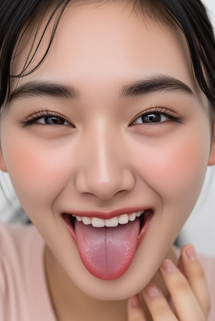   32k 8k super high definition masterpiece  , well-groomed face, Realistic eyes, High Brightness, Real Eyes,  eyes wide open , as shown in the picture, focus on your face, smile, show me my wet tongue , show me my wet tongue , Akkanbe, Beautiful Tongue, Thick tongue, Big Tongue, happy expression, selfie, live action, close eyes, funny face (  open your mouth , After a 、  in mouth)Sensual Tongue with Just the Right Length　 use your  tongue to lick your  face