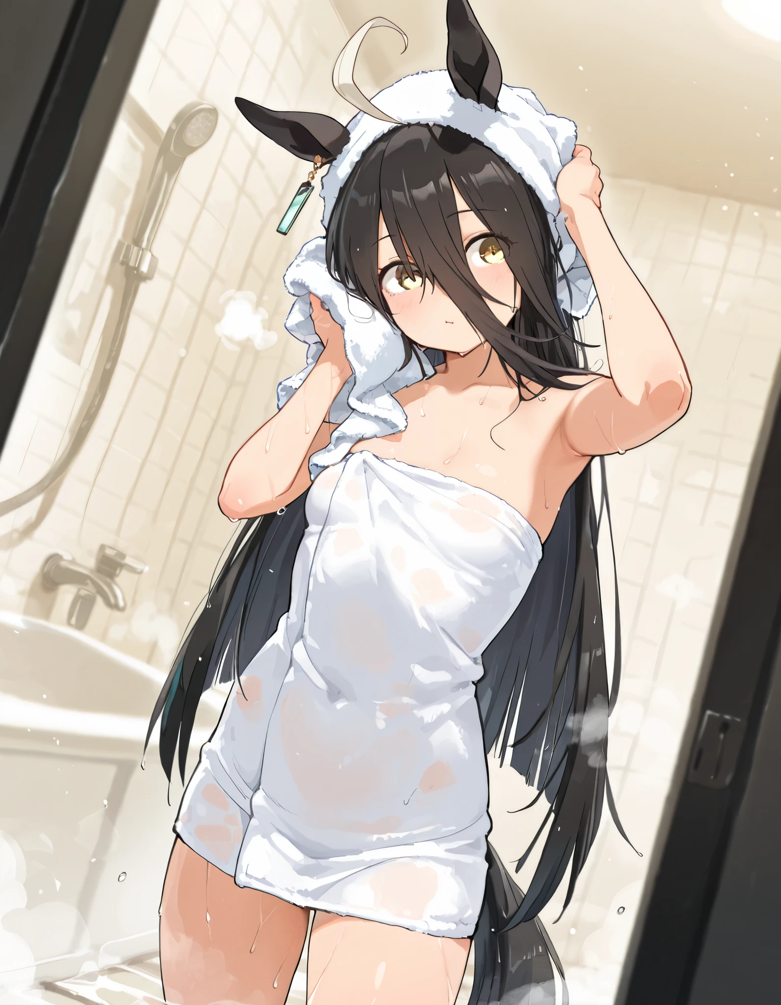 {{Masterpiece}}, {{Top quality}}, {{Details}}, {{Illustration}}, {{Very delicate and beautiful}}, Fine skin, fine eyes, Fine hands , Fine fingers, {{Uma Musume}}, {{Manhattan Cafe:1.7}}, {{Uma Musume}} ,masterpiece,best quality,good quality,newest, watercolor painting,in the bathroom,indoor,After a bath,adorable,kawaii,1girl,standing,Be proud,Dynamic Pose,steaming body,apart legs,large eyes,Wrap a towel around head,wrap a towel around one's body, Reddening cheeks, relaxing, wiping head with towel,action lines,five fingers, dynamic angle, BREAK, depth of field, masterpiece, best quality, amazing quality, very aesthetic, high resolution, ultra-detailed, absurdres, newest, scenery, volumetric lighting