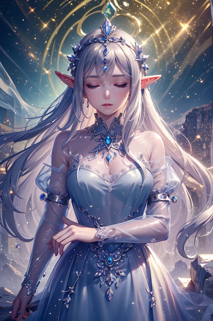 (masterpiece、Highest品質、Highest、Official Art、Beautiful and aesthetic、Long Exposure:1.2)、Smooth movement、Attractive patterns、One Girl、(Long dress with sleeves:1.3)、(((White clothes)))、Upper body close-up、Exposing shoulders、Korean Girls、smile、Light purple long hair、Portraiture、solo、Upper body、Looking at the observer、Detailed Background、Detailed face、(Crystallized AI、Crystal Theme:1.1)、Elemental Wind Elf、回転Wind、 Wind、White crystal clothes、Off the shoulder、Dynamic pose、Suspended particles、Aether Dynamics、旋Wind、vapor、背景に旋Wind、White Tone、旋Wind、Ethereal atmosphere、
