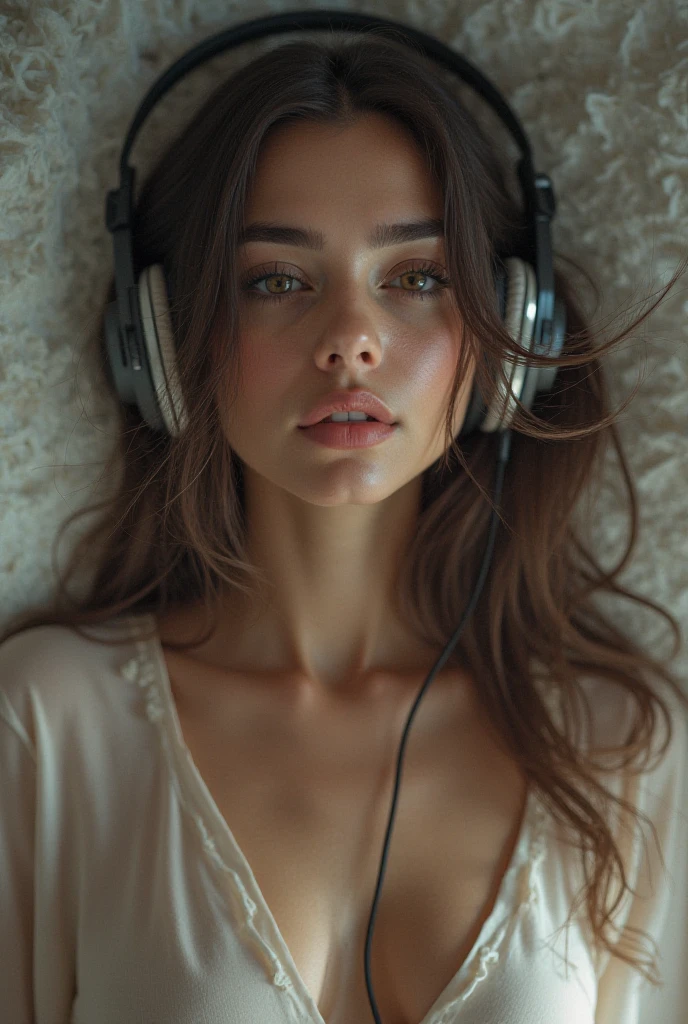 Amazing photo of young woman sitting long wavy black hair listening to music with headphones rays of light around the room