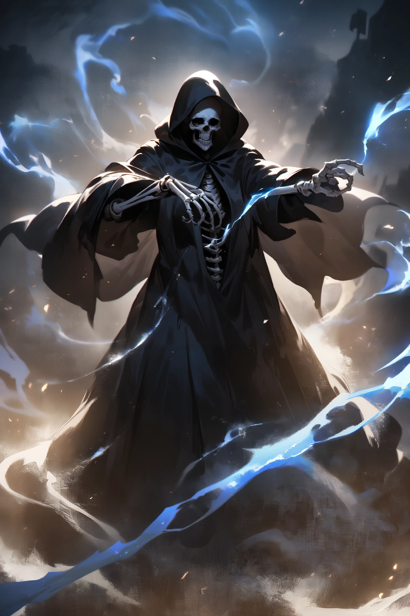 The black hood and cloak skeleton use the great magic of blue flames