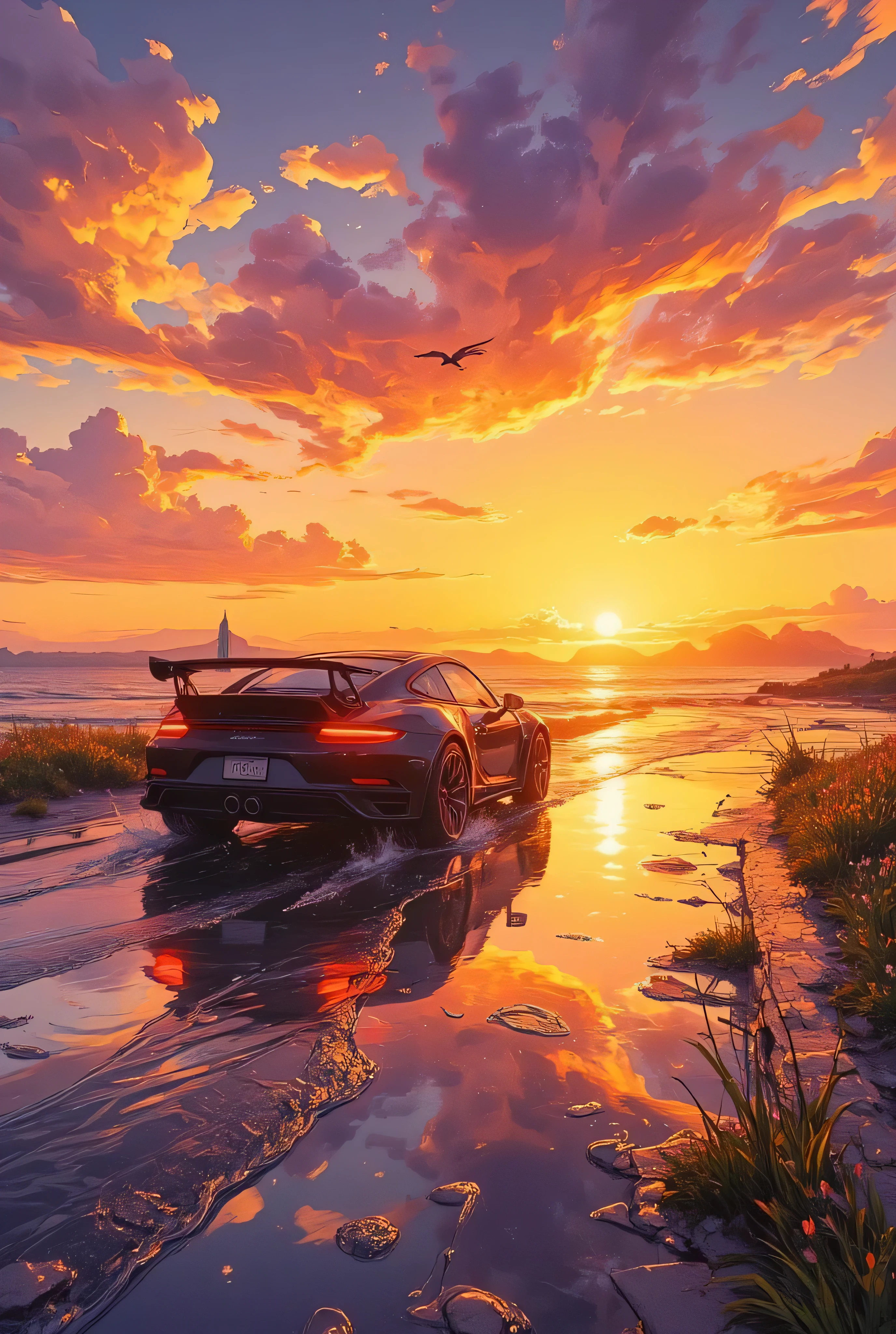 one car runs towards sunset(4wd)'Art, Sports car roof,The road continues to the west,emphasizes the perspective ,, the near west, back,、the far, spreading part,, . The west is reflected on the ground or the water floor(the path of light,)build,waves that clearly understand the ocean, , the waving grass and Flying birds,the sky is expressed in gradation、, uses yellow, orange, pink, and purple,, puts shadows in the clouds,、I can feel. Arrange a view like this {x} highlight the part where the light shines in yellow, less arranged. Positioned according to the golden ratio、 movement ,amazing and hallucinatory art,very fine art, amazing,