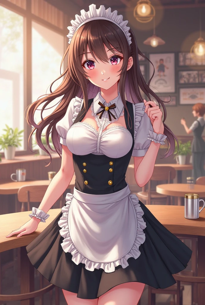 1girl, 18yo, idol, shiny skin, waitress,裸エプロン, low-legs, upper shot, perfect fingers, perfect hands, bare-legs, indoor, standing, serving pancakes on the tray, welcome, (cafe:1.2), customer service, smile,nsfw