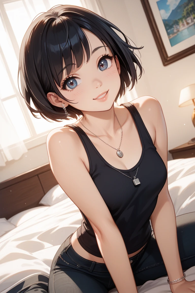 best quality, detailed face, highres, 1girl, middle breast, smile, silky shirts , dark gray skirt, good anatomy, looking at viewer, soft focus, cinematic lighting, depth of field, ((happy expression)), middle hair, bare legs, asymmetric hairstyle, 