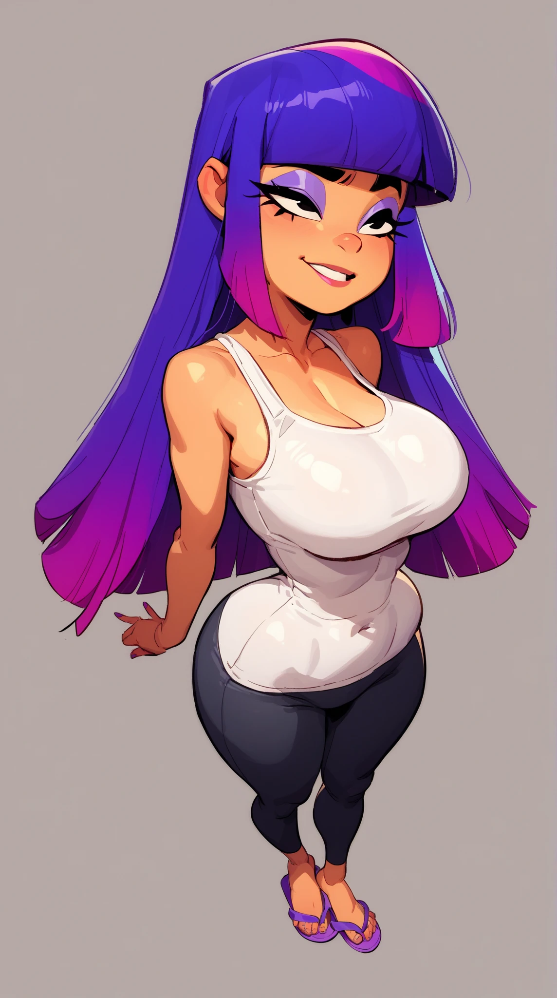 A sexy milf woman with a big breast, long purple hair, her black eye, pink lip, big body, wide overweight, dresses in a white top, shows her navel and a pair of jeans with a big thigh. 
