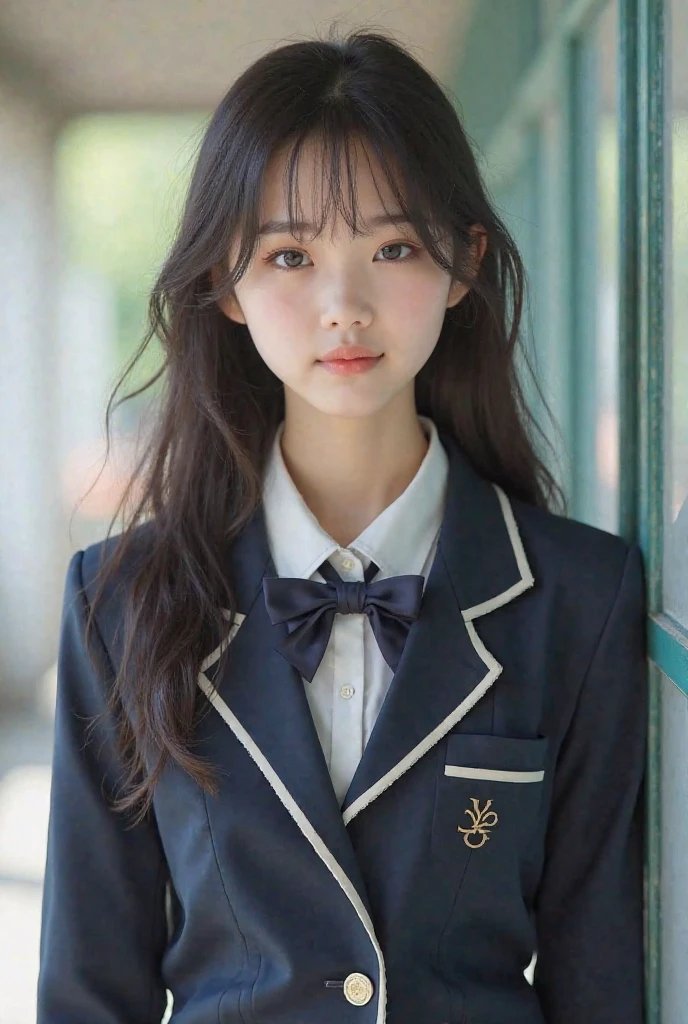 ((upper body shot)),gray school blazer uniform,Ultra-high resolution,big eyes,Japanese,bangs,(a girl),(1 girl),((18-year-old)),(cute),pretty