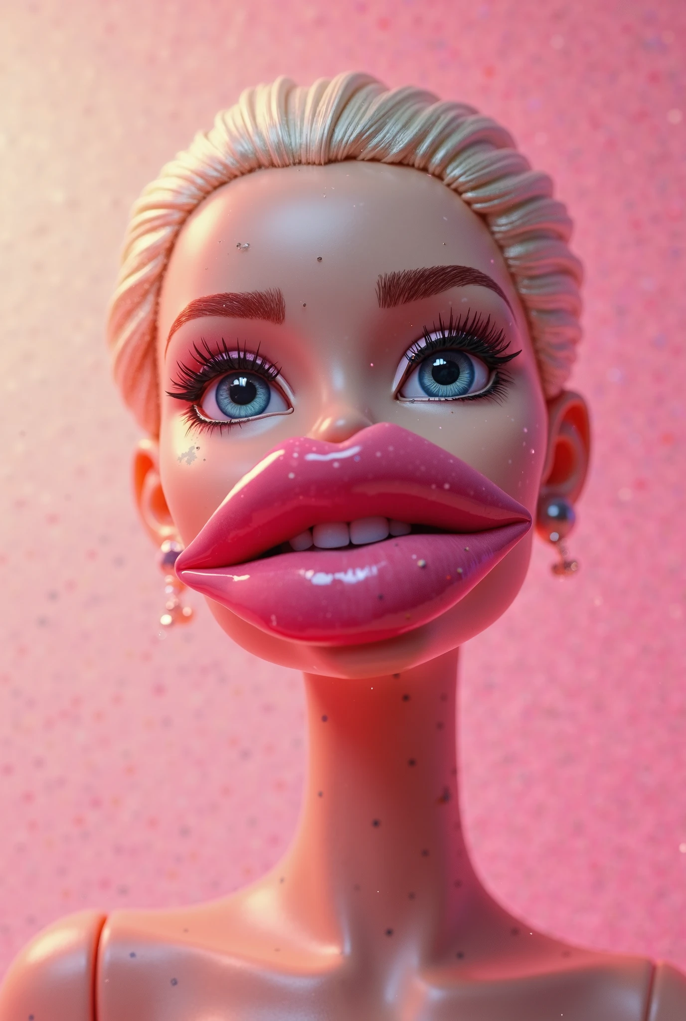 (((masterpiece))) ((best quality)) portrait, ((cleavage)) bust, 1girl, chubby, hoop earrings, freckles, (((gigantic breasts:1))), blonde pigtails, round face, ((huge lips)), ((bimbo lips)), happy, smiling, (((braces))), choker, <lora:lips:1>  <lora:cyancapsule-v1:1> <lora:concept-braces-v2:1>