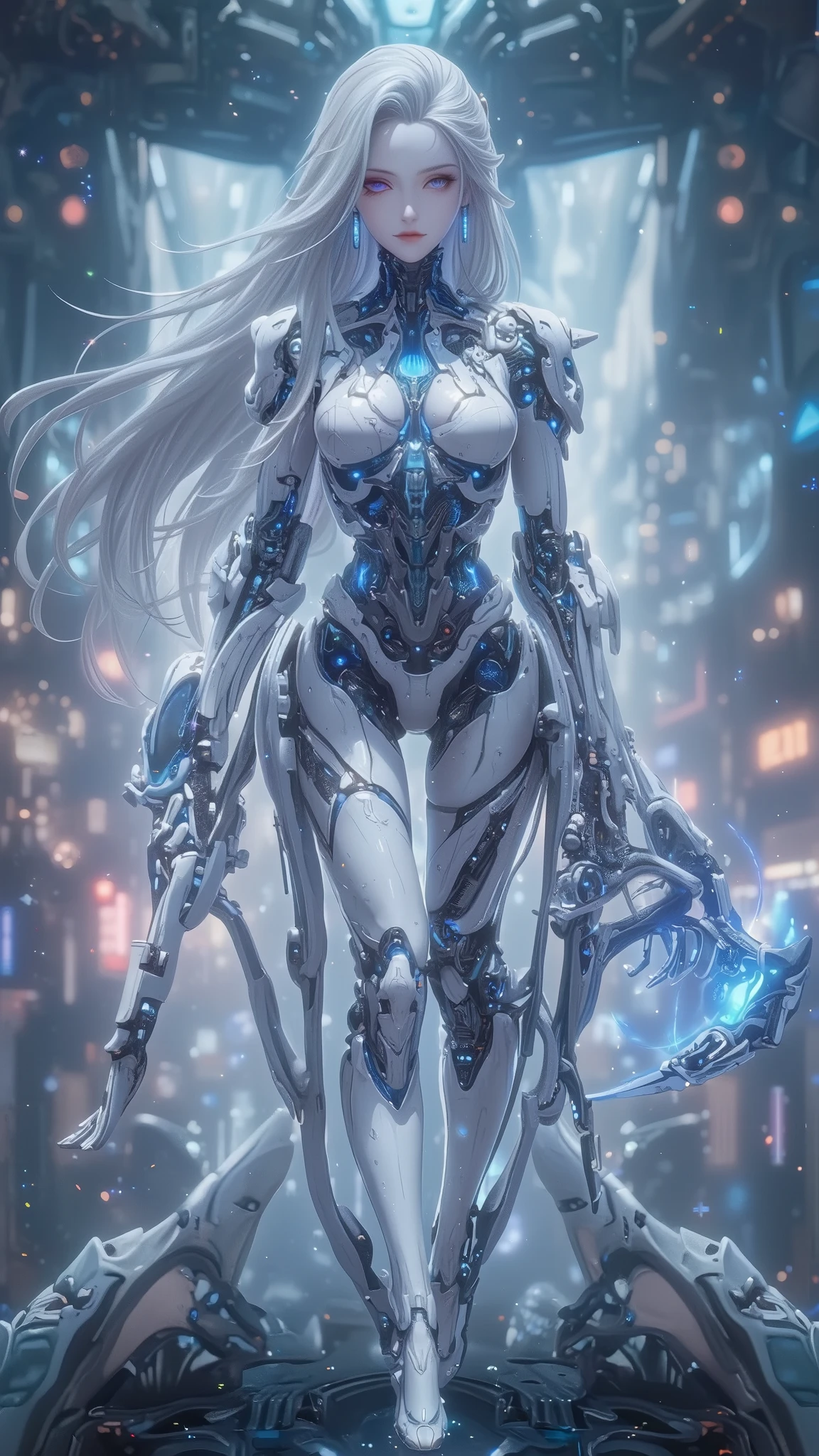 ((Highest quality)),( Ultra High Definition ),(very well detailed),( detailed description),(( best CG )),(masterpiece), Ultra Detailed Art ,Amazing Painted Art,(Sci-fi art with delicate details:1.5), Female Cyborg:1.5, beautiful well-groomed face, Flowing long hair:1.4, Mechanical body composed of precision instruments, Sparkling lenses all over the body, The blue color that runs through the body, glamorous mechanic body:1.5,