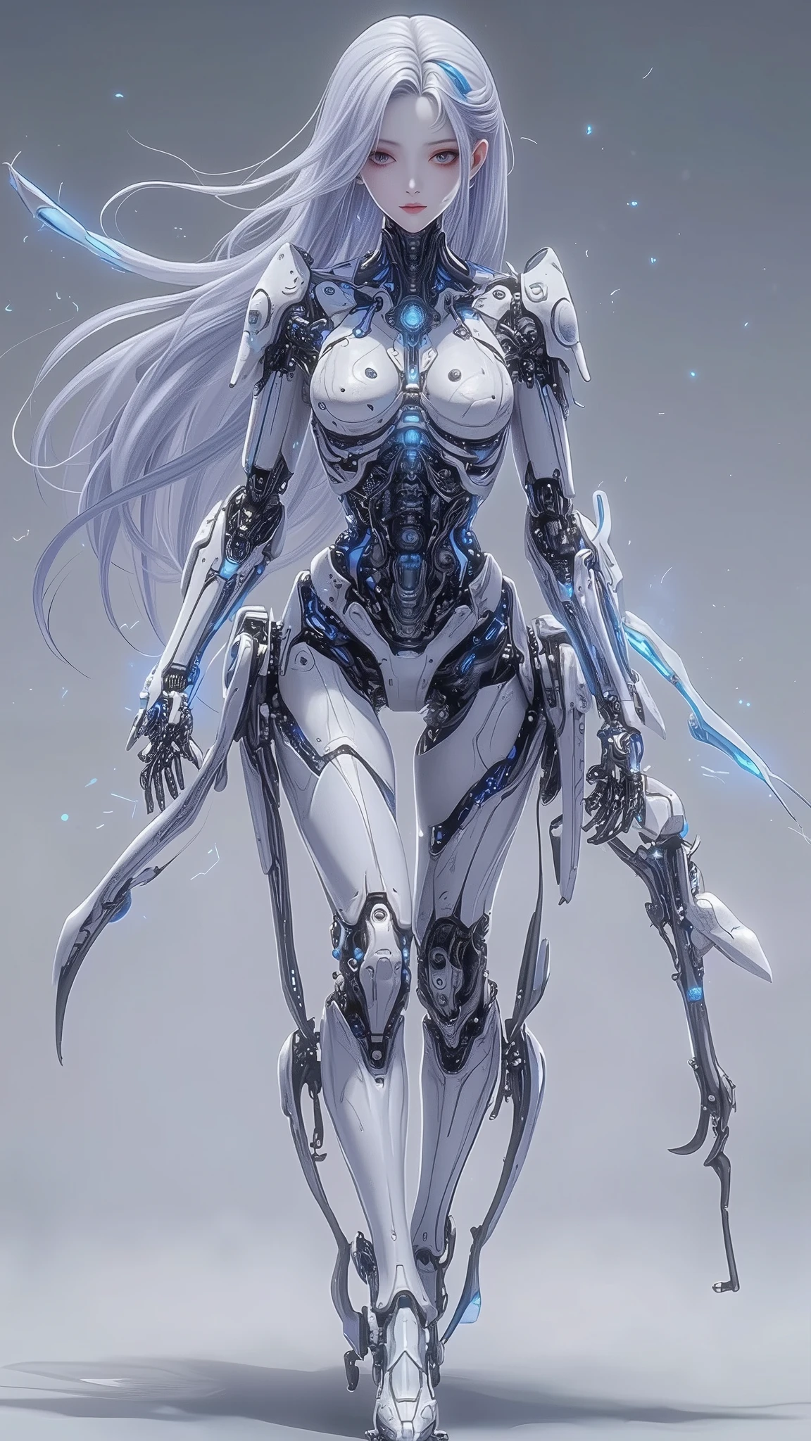 ((Highest quality)),( Ultra High Definition ),(very well detailed),( detailed description),(( best CG )),(masterpiece), Ultra Detailed Art ,Amazing Painted Art,(Sci-fi art with delicate details:1.5), Female Cyborg:1.5, beautiful well-groomed face, Flowing long hair:1.4, Mechanical body composed of precision instruments, Sparkling lenses all over the body, The blue color that runs through the body, glamorous mechanic body:1.5,