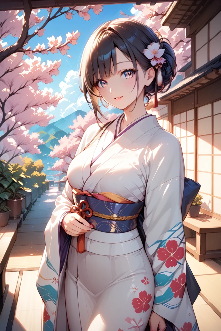 (Perfect Anatomy)、Mastepiece、Ultra High Quality、 8K、masterpiece、Highest quality、Ultra-high resolution、Maximum resolution、Very detailed、Professional Lighting、anime、Adult female、thin、so beautiful、Highly detailed eye、Highly detailed face、Golden earrings，Black Hair, Peach-colored eyes，White underwear、Kimono with a beautiful pattern、kimono、grassland, 