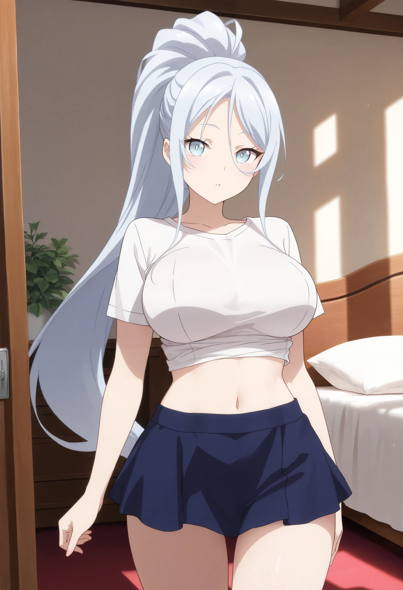 sylpha_langlis, 1girl,solo,, long hair, light blue eyes, large breasts, ponytail,looking at viewer, cowboy shot,bedroom, (masterpiece),(best quality),(ultra-detailed),(best illustration),(best shadow),(absurdres),(detailed background),facing viewer,clavage,shirt,midriff,navel,mini skirt