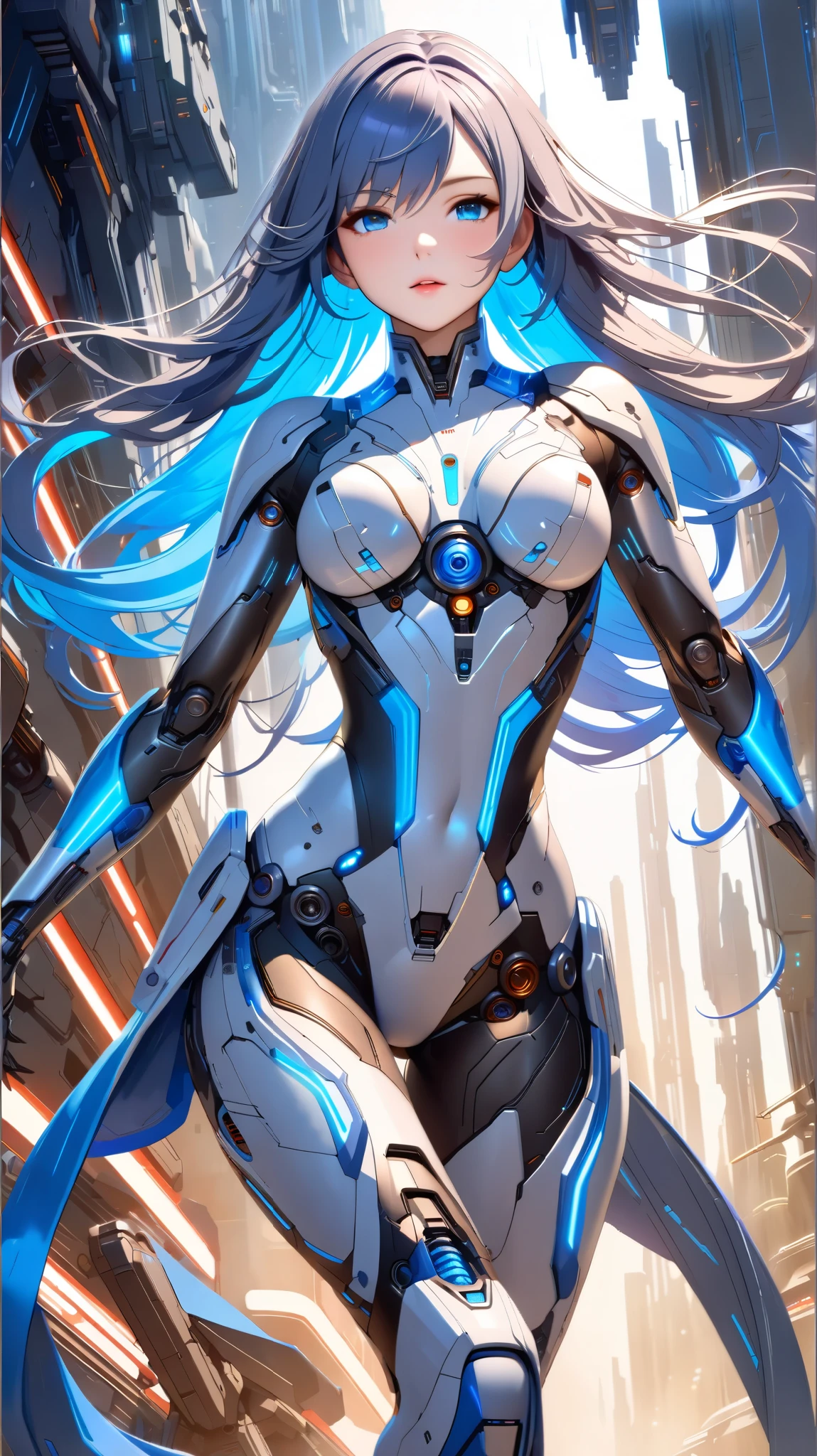 motor irreal:1.4,UHD,La mejor calidad:1.4, fotorrealista:1.4, textura de la piel:1.4, obra maestra:1.8,((Beautiful robot woman Vividly colored digital image of a symmetrical young and ethereally beautiful face with icy blue long hair and eyes reflecting the galaxy., With an elegant futuristic dress that shines with holographic light reflections, De pie frente a un elegante, Glowing portal emitting fog and glowing particles,( It's inside a high-tech lab full of screens and shiny equipment...), Rendered in a stunning sci-fi anime art style with cinematic lighting, intricate linework, and a beautiful structure of atmospheric glow effects  )),(robot:1.4),Luz de fondo naranja:1.4,