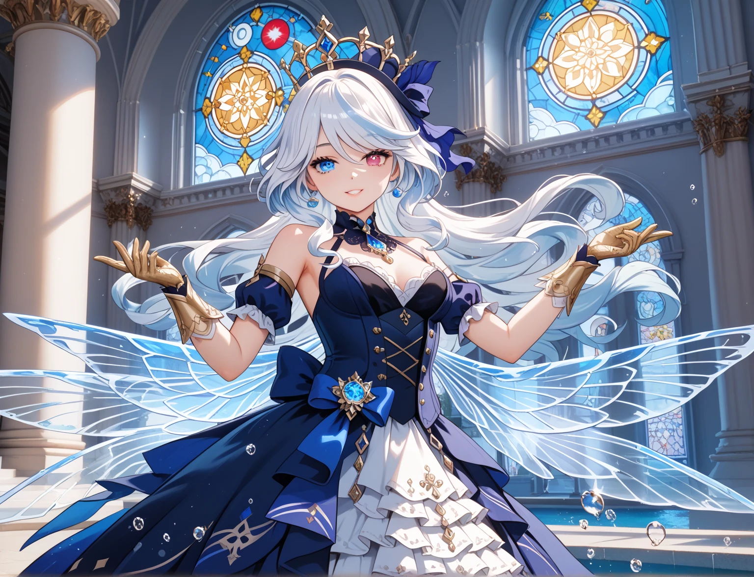 (masterpiece), best quality, expressive eyes, perfect face,1girl,furina,genshin impact,palace,night,castle wall,mirror,big breasts,blush,cleavage,angel,white wings,cowboy shot,strapless idol dress,bare shoulders,detached sleeves,navel,cute top,cute fluffy skirt,layered skirt,showgirl skirt,happy,excited,spoken heart, feathers,white feathers,cute pose