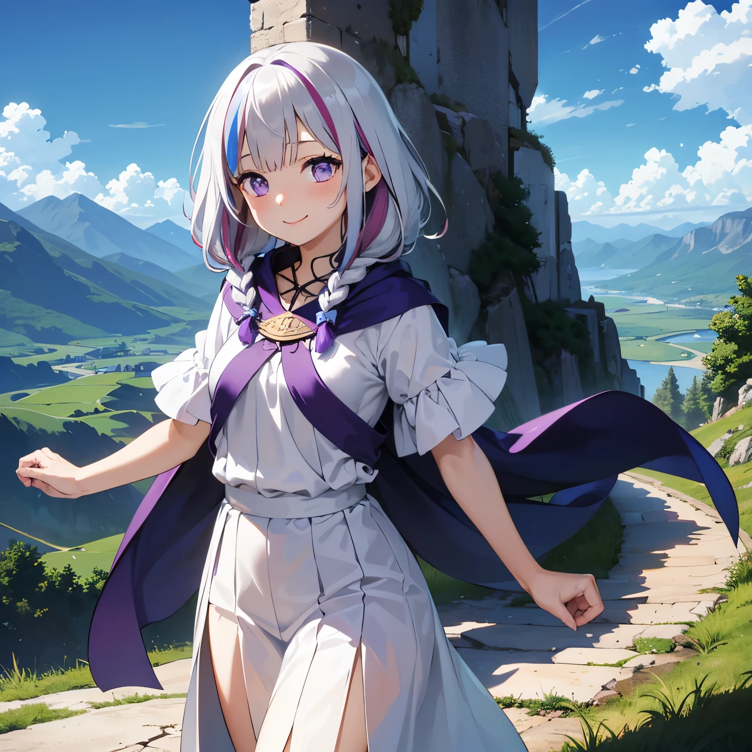 white clothes like ancient Greece Purple Cape Gray Hair PURPLE thin highlights Thin purple extensions with bangs white ancient Greek style clothes with braids on the left beautiful light purple eyes short is young Little s smile Running on an earthen mountain path Deep in the mountains beautiful scenery Platinum hair, ((highlights hair, purple streaked hair))1 person solo