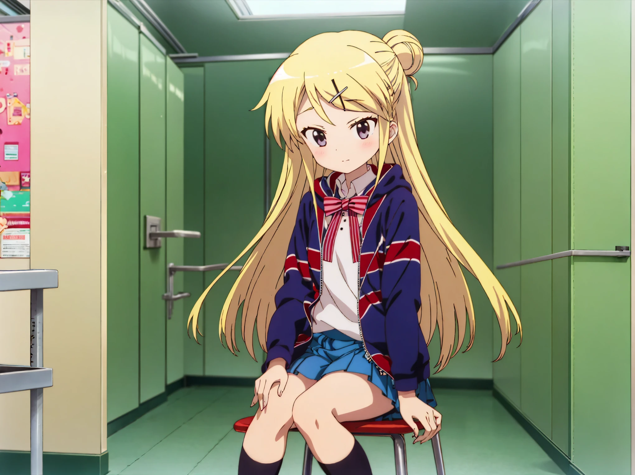 KUJO KAREN UNION JACK JACKET, STRIPED BOW, WHITE SHIRT, LONG SLEEVES, PLEATED SKIRT, BLUE SKIRT, KNEEHIGHS, SNEAKERS,The thighs are thick, squishy and soft、 infirmary
