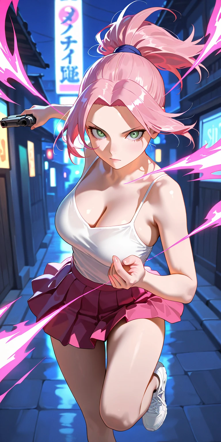 solo,whole body,Standing position right,Light pink hair,Bob Hair,Red Glasses,smile,Big Breasts,cute,Beckoning,drive,one piece,Udon,Under Rim