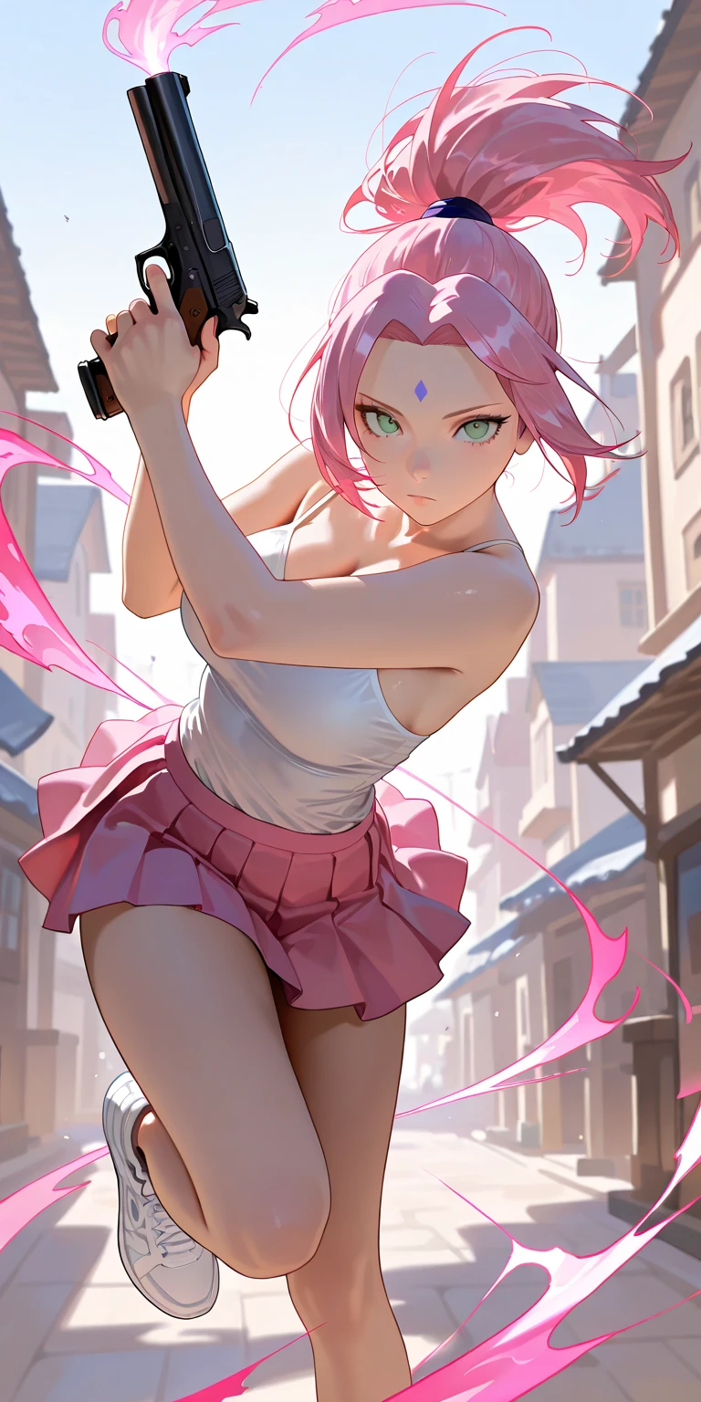 ((best quality)), ((masterpiece)), (detailed), perfect face, Perfect body, perfect anatomy, 1 girl, sakura haruno, pink hair, green eyes, red clothe, sakura ass, sexy pose, naked ass, bottom, full body, realistic, high detail, high quality image, 8k