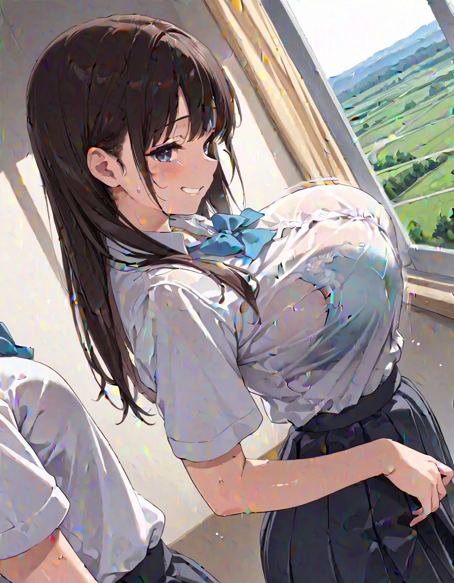 1girl, paizuri, 1boy, from side, from below, perpendicularPaizuri, school uniform, unbuttoned clothes, cuteness , beautiful breasts, cleavage, beautiful girlfriend, penis between the breasts, breasts squeeze together, , censored, motion lines, motion effects, beautiful lighting, large , sunset, in the classroom, paizuri invitation, sweaty, summer