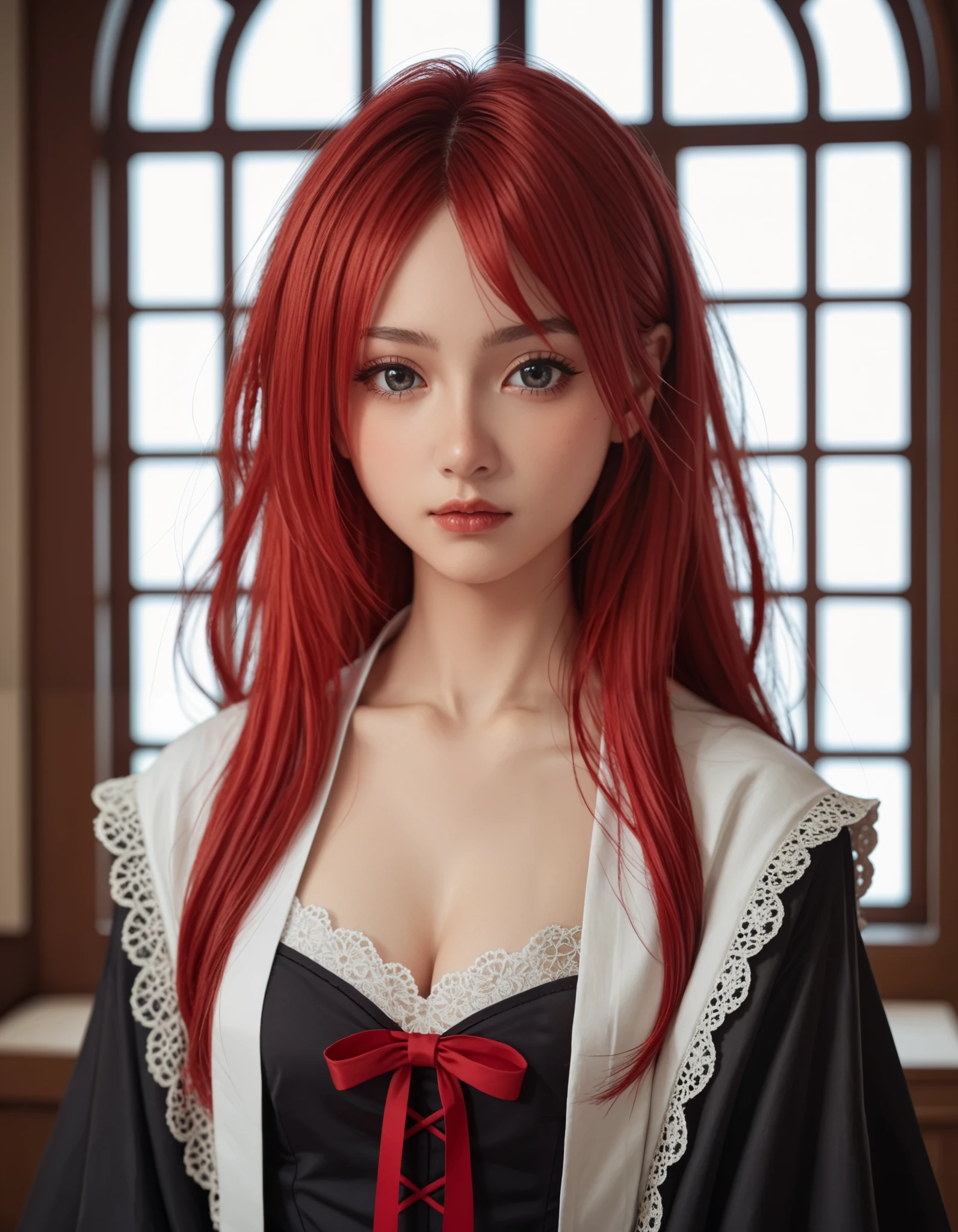 score_9, score_8_up, score_7_up,high quality,1 japanese girl, gothic atmosphere , (wizard:1.5),ribbons ,(upper body:1.5), chest ,(red hair:1.5), from the front、Wear a black magician robe with gold embroidery、medieval interior、wizardの服
