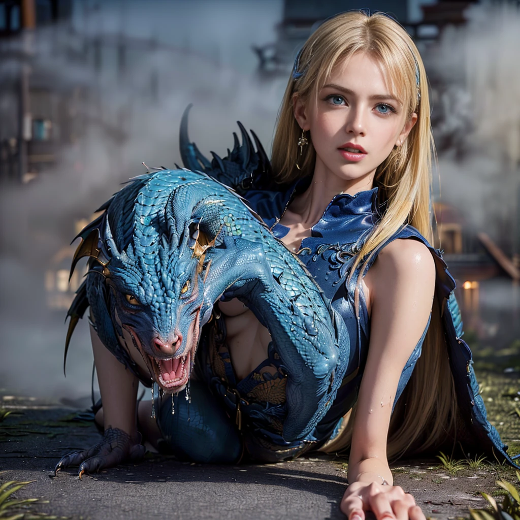 panorama, full body, best quality, masterpiece, super high resolution, (realism:1.4), absurdity, cinema lights, (best vista photos of mechanical girls), ((glow)), (blue dragon pattern on clothes), blonde, long hair, blue eyes, smile, delicate headdress, extremely detailed face, surrealism, steampunk, intricate design, extremely detailed, exquisite detail, HDR (high dynamic range), ray tracing, Unreal 5, subsurface scattering, PBR texture, post-processing, Anisotropic Filtering, Depth of Field, Maximum Sharpness and Acutance, Multi-layer Textures, Albedo and Highlight Maps, Surface Shading, Accurate Simulation of Light-Material Interactions, Perfect Proportions, Octane Rendering, Duotone Illumination, Low ISO, White Balance, Rule of Thirds, Wide Aperture, 8K RAW, High Efficiency Subpixels, Subpixel Convolution, Luminescent Particles, Light Scattering, Tyndall Effect