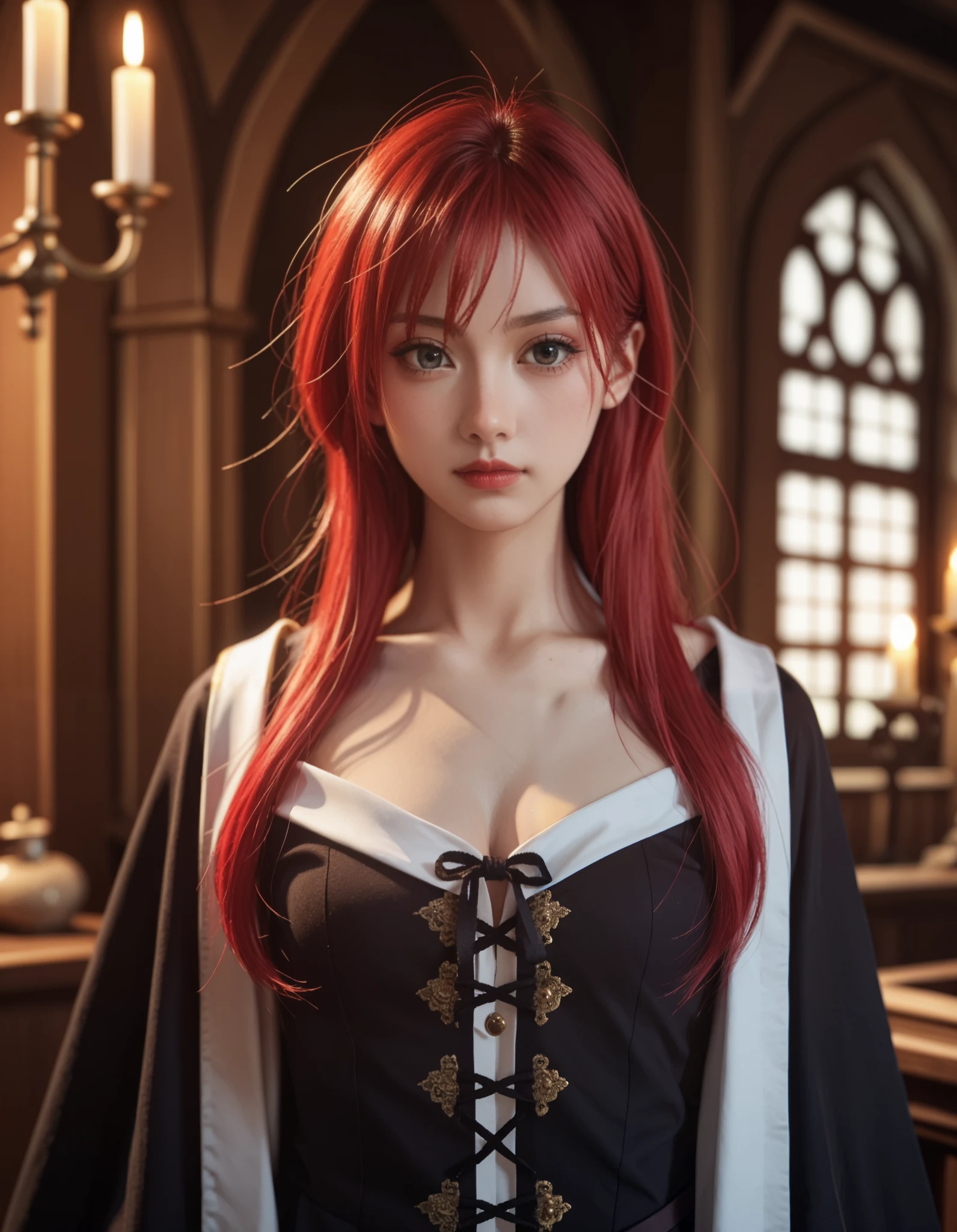 score_9, score_8_up, score_7_up,high quality,1 japanese girl, gothic atmosphere , (wizard:1.5),ribbons ,(upper body:1.5), chest ,(red hair:1.5), from the front、Wear a black magician robe with gold embroidery、medieval interior、wizardの服