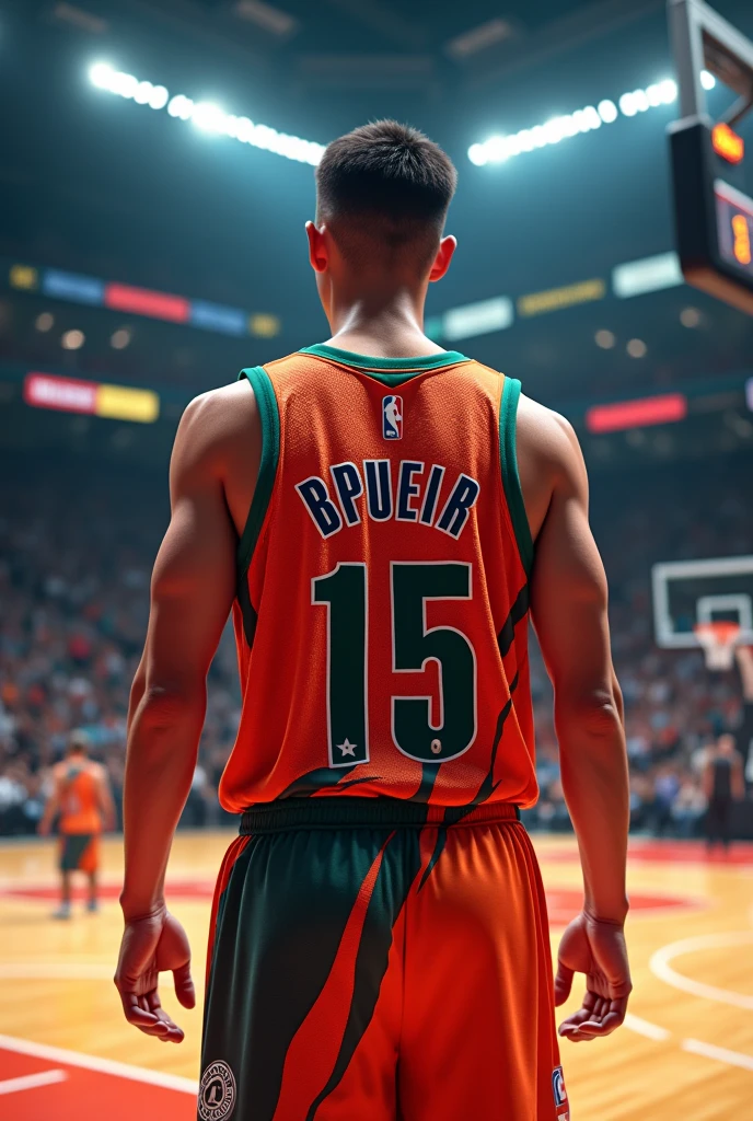 Make a 1 basketball player,80 wearing the basketball team's shirt which is green with the name Rudhá written on the back,he shoots a three-pointer while celebrating with his right hand raised making a number 3 sign , on his right hand he has a tattoo of a lightning bolt
