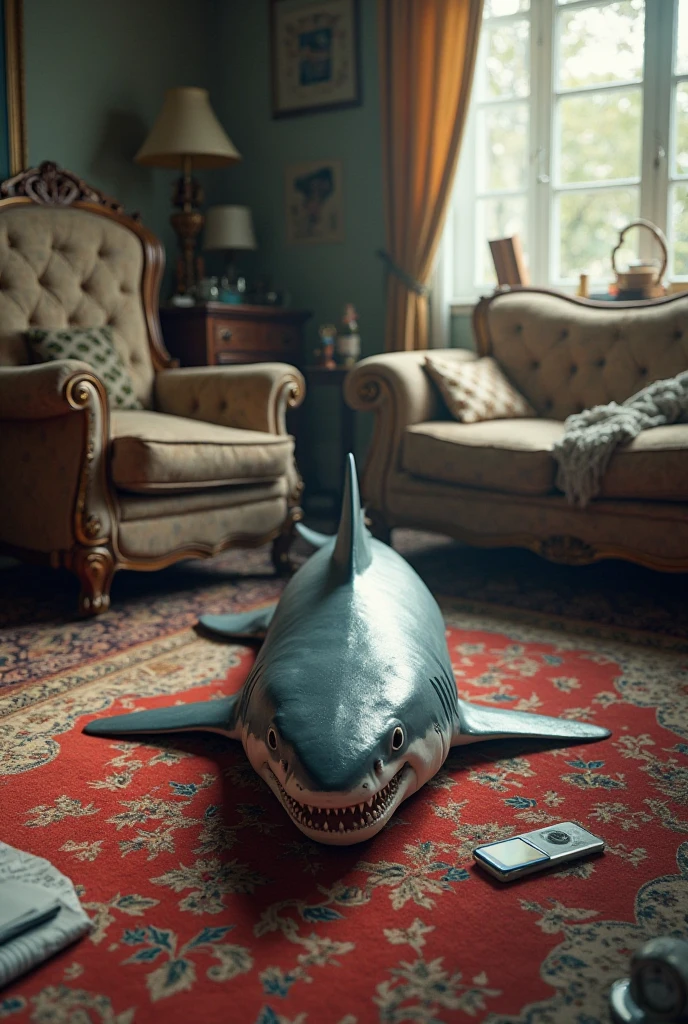 a man smokes his pipe in his living room in which a huge shark is on display, in the style of large-scale works, ilford xp2, distinctive noses, depictions of labor, i can't believe how beautiful this is, #vfxfriday, yankeecore
