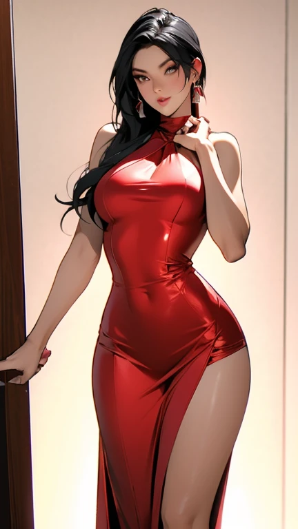 Chica curvilinea con grandes piernas, grandes caderas, grande busto, exhuberante, gordibuena, vestido rojo pegado al cuerpo, sonrisa picara, picara