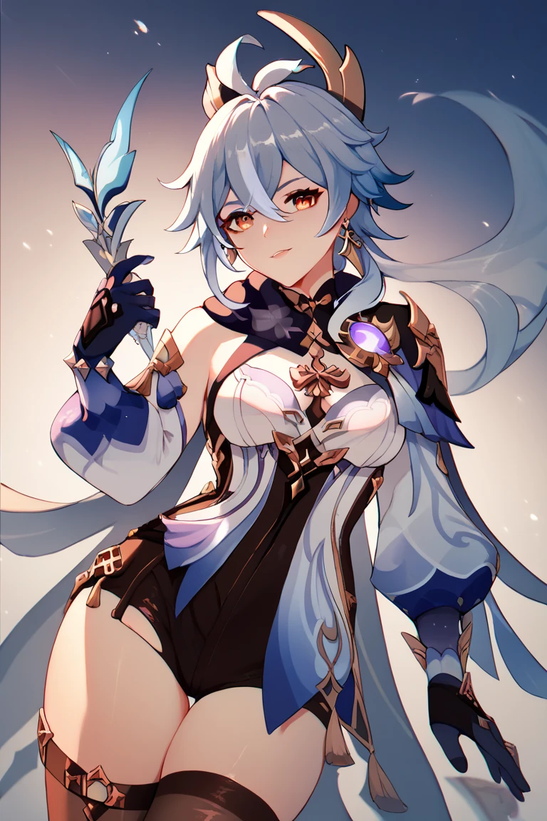 ((ganyu \(genshin impact\))))((masterpiece、8L、WAR Photo、highest quality、Realistic painting style、Cinematic Lighting、Backlight)) Medium Chest、Great cleavage,A little bit of side boob is visible、Neck length laser tights、One Girl, alone,Long legs、Thin legs、Perfect Style、Long Hair, Blue Hair, Purple eyes,horn、Neck bell, Black 80 denier pantyhose, Removable sleeves, Black gloves, Pelvic Curtain、Dynamic pose, Has a bow weapon,(moon: 1.2), (moonlight: 1.1), Starry Sky, (Particles of light: 1.1), Thick Fog、Crystal AI