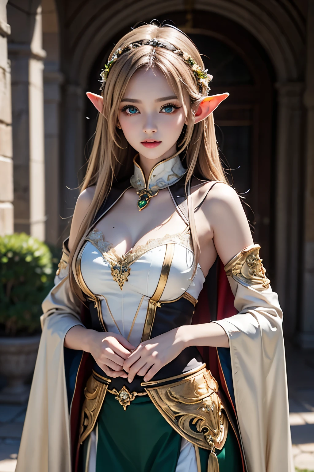 masterpiece,Highest quality,very detailed,photorealistic,realistic, Ultra High Resolution, masterpiece,Fantasy,Elf, Gold,Beautiful Girl, Gold, straight hair,long hair, emerald eyes, perfect eyes,slender,SMALLE BREASTS,so cute,gemstone accessory,green cloak,skirt, Ancient Ruins