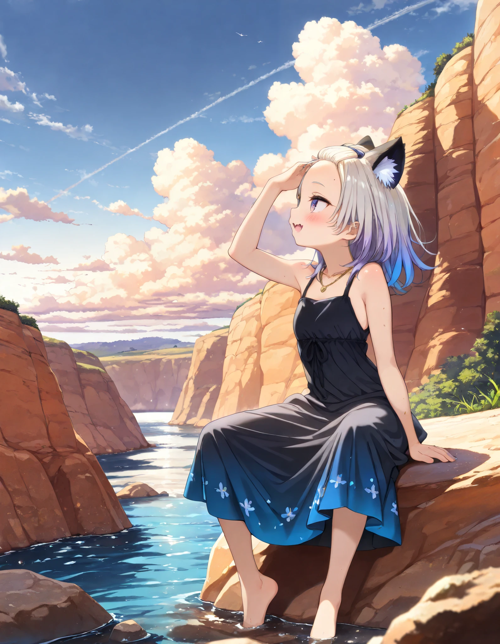 ((Masterpiece)), ((best quality)), (8K), (wide shot, profile), (detailed background:1.2), (super detail:1.2),(High Definition:1.3), (Professional Photography:1.2), (very aesthetic:1.2), (absurdres:1.2), (sharp focus), ((1girl)), Cute age Girl, (Textured skin, brown-skin), (pale purple eyes, gradient eyes, looking at side), (platinum-gold hair), (bangs pinned back, cute forehead), gradient hair, blue color Hair Tip, (medium hair), small breast, (Healthy Gaunt body), (open mouth wide, skin fang), seductive smile, blush, (cute cheeks), glossy lips, pouty lips, (lower eyelashes), tilt head, (put on cat ears), Beautiful collarbones, BREAK, ((deep black-colored long dress with neckline)), (bare shoulders, bare neck), (Elegant necklace, simple gold necklace), loose arm up, ((loose sitting on the rock, legs apart)), outside Landscape below the deep cliff at sunrise, outdoor, summer day, morning glow, (Beautiful landscape),