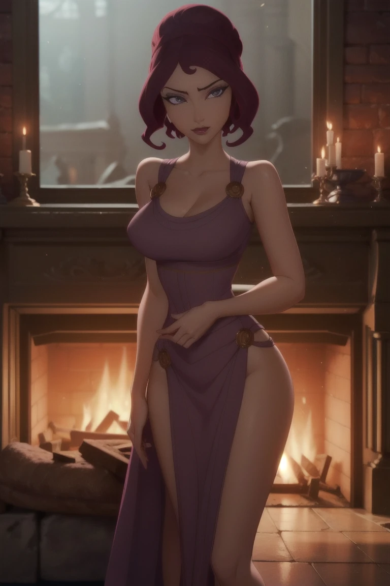 Sexy, , Naked, very chubby short female, pale skin, Caucasian, huge buttocks, enormous breasts, thicc, pawg,  exposed, sensual, hard nipples, dim light, big detailed eyes, Full body shot on hands and knees cleaning the floor, realistic digital painting, (curly hair:1.1), (purple hair:1.3), castle setting, (fireplace background:1.2), (very detailed skin:1.2), (arcane style:0.8), (depth of field:1.3), volumetric lighting, global illumination, cinematic, arched back, smiling