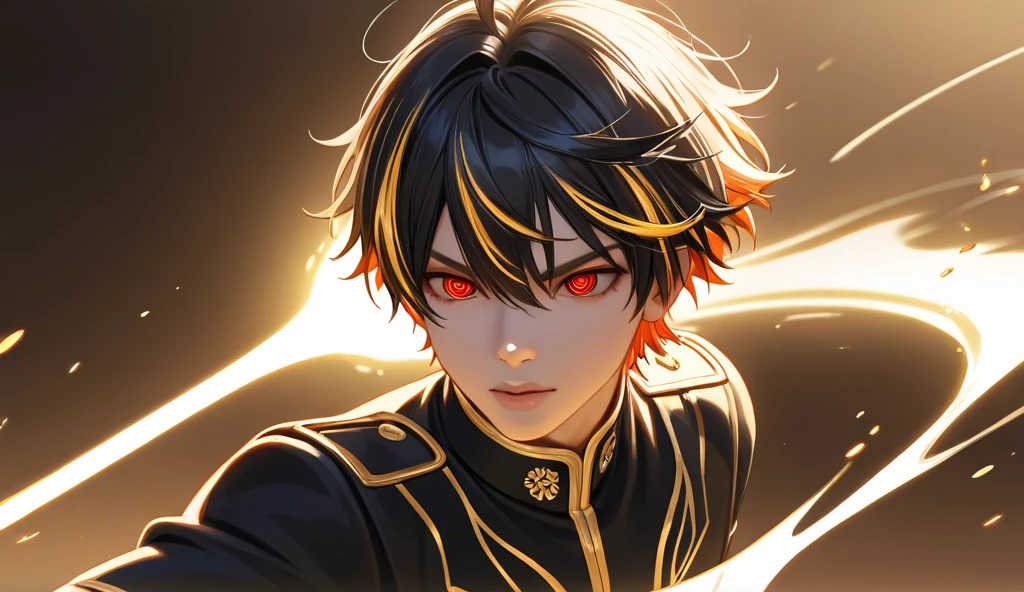 Create a male anime character, black hair and red eyes, white and gold clothes, ultra detailed, high quality, no imperfections, showing up to half of his body, the clothes must contain golden traces despite its main color being white, the character must be in a dynamic pose, realistic lighting in front of the character, with a cutout light behind him, detailed eyes, ultra detayled eyes, ultra detailed hair, ultra detailed clothes, extreme quality