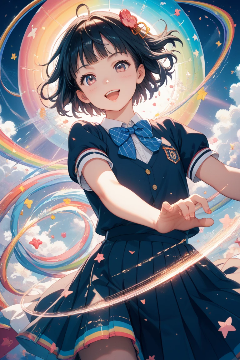A girl flying in the sky on a big soap bubble。
The overall image is rainbow-colored。