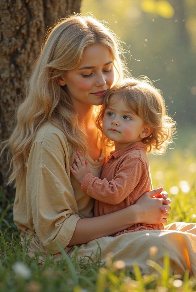 Imagina a Taylor Swift, like a loving mother, looking tenderly at his son, sitting in a park, with white dress with neckline.