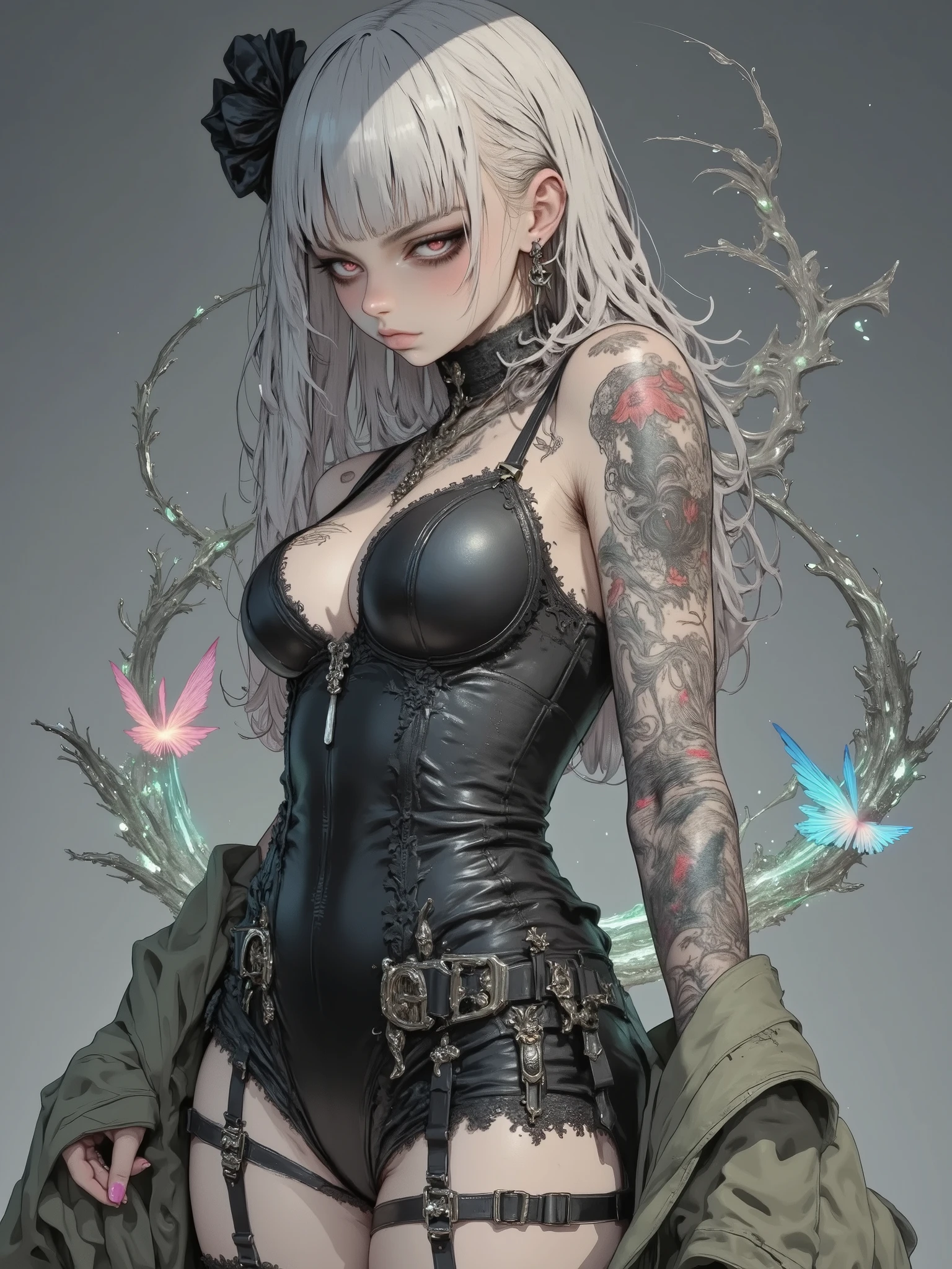 (Masterpiece:1.5,Top Quality:1.3,Amazing Quality:1.3), (Pulsating stance:1.3), (Anime Character), (nsfw:1.2), (Bitch Girl:1.5), (1 girl), orange eyes, glowing eyes, (pink&green hair:1.2), (tattoo:1.8), (seductive smile face), (high stature), ((model body:1.5)), small head, (Big Breasts), ftont view, ((completely nude)), (pin heel), (spread pussy wide),vaginal fingers, White hair, gothic dress, muscular body, sophisticated and beautiful, very precise and delicate animation, vivid colors, unreal world, fantasy delusion, super-detailed depiction, super-precise animation, and emotionally rich presentation, Confusion between light and dark, visual effects, ((full body view)), (((art background))),(((very sexy poses:1.2)))