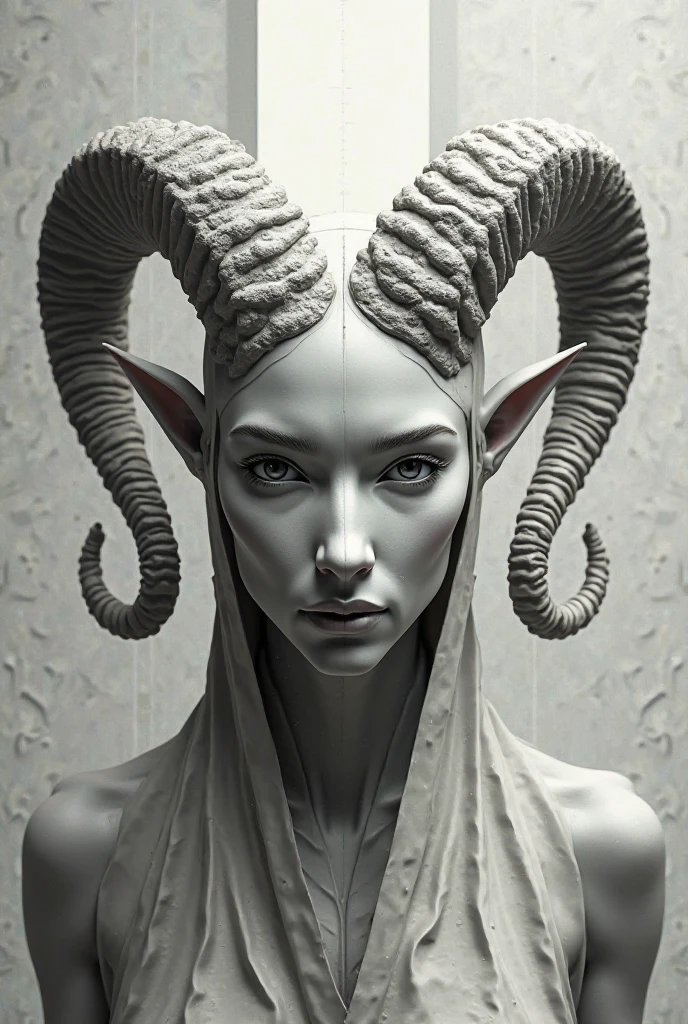A mesmerizing black and white portrait of an enchanting albino woman with striking ram horns, exuding an air of mystique. The high-contrast monochromatic tones captivate the viewer, while the artistic influences of Mark Brooks, Brad Kunkle, H.R. Giger, and Tom Bagshaw blend seamlessly. A swarm of white moths surrounds the figure, adding to the otherworldly ambiance. The fantastical world in the background fuses realistic and surreal elements, creating a breathtaking cinematic scene. This intricate, 8k illustration pays homage to the beauty and power of the ram goddess in an enigmatic, foggy realm, making it a true dark fantasy masterpiece., illustration, dark fantasy(art monochrome,digital art oil painting,ink,charcoal,double exposure)glass painting<lora:luxart:1>