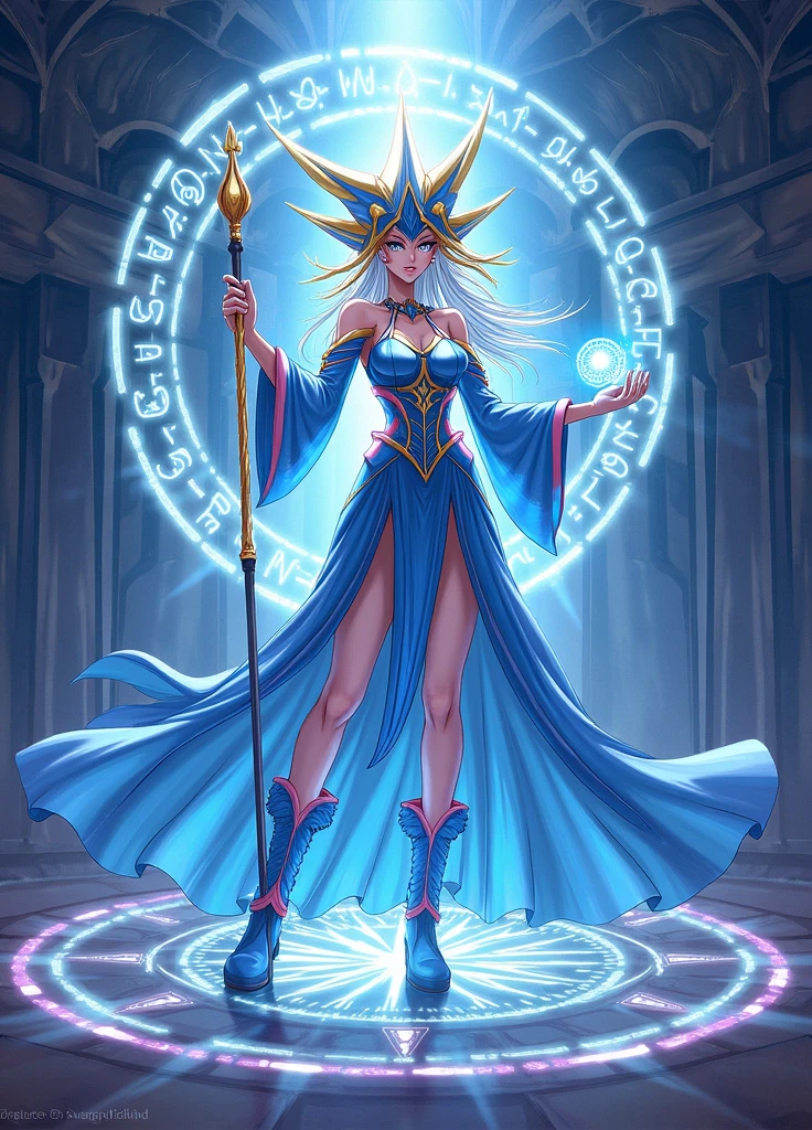 1girl, sorceress, full body shot, see-through robe, blue-white hair, frost mage