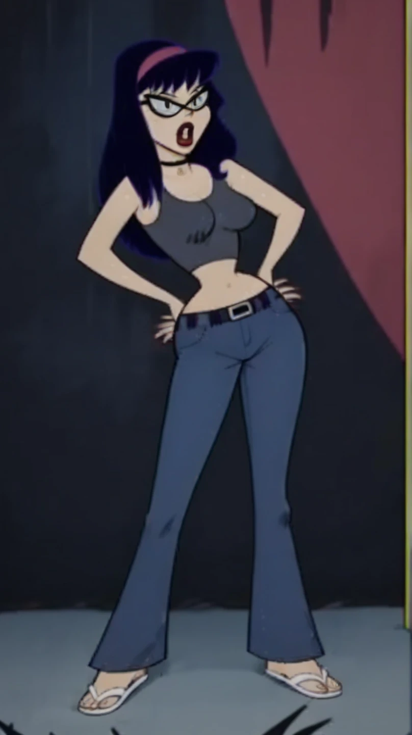 score_9, score_8_up, score_7_up, 1girl, glasses, long hair, black hair, headband, choker, makeup, big breasts boobs, midriff, narrow waist, wide hips, looking at viewer, absurdres, high quality, masterpiece, flat color, fca style, toon \(style\), 2d,tight thicc jeans,black belt,(((White mini fitted tank top))),(((white flip flops))),thicc fat ass,full body