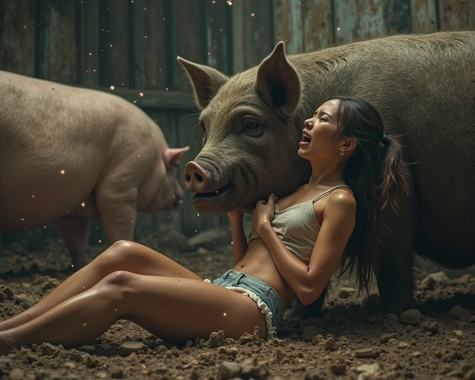 a woman with long straight brown hair, jeans and a tank top, rolls around happily lying in a mud puddle with several wild pigs, digital art inspired by Bill Sienkiewicz and Dave McKean, highly detailed, photorealistic, 8k, masterpiece, intricate, cinematic lighting, dramatic colors, chiaroscuro, wet mud, dirt, splashing, messy, playful, vibrant