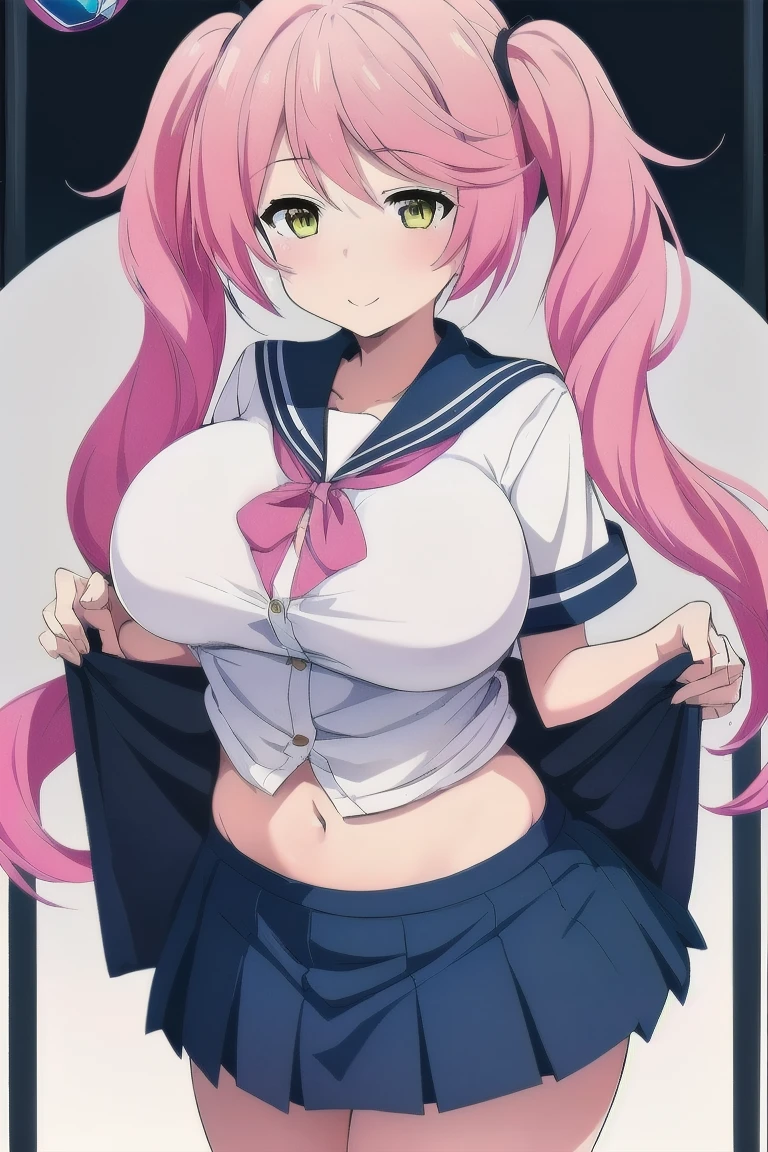 score_9, score_8_up, score_7_up, source_anime, simple dark background,
1girl, cute girl, japanese girl, (pink_hair:1.4), (pigtails hair with bangs), brown eyes, cute eyes, eyelashes, open mouth, drool, (topless:0.8), school_uniform, (sailor_collar:1.5), (sleeveless), (microskirt:1.38), (miniskirt:1.38), long breasts, sagging breasts, (puffy nipples:1.4), hard nipples, (erect nipples:1.4), (red heart pasties:1.2), (dark areola:1.6), navel, armpits, arms behind head, high socks, loafers, (standing:1.3), cameltoe, pussy_juice, (hairy:1.4), (steaming:1.2), (oiled:1.2), (fat female), trembling, (poop:1.4), poo, (bouncing breasts), (from below), 