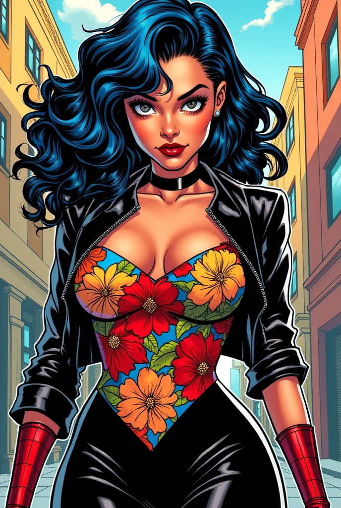 Blue curly hair. Deep dark and energetic coffee eyes. She wears a floral stamped dress with a leather jacket. busty. Comic style, marvel comics