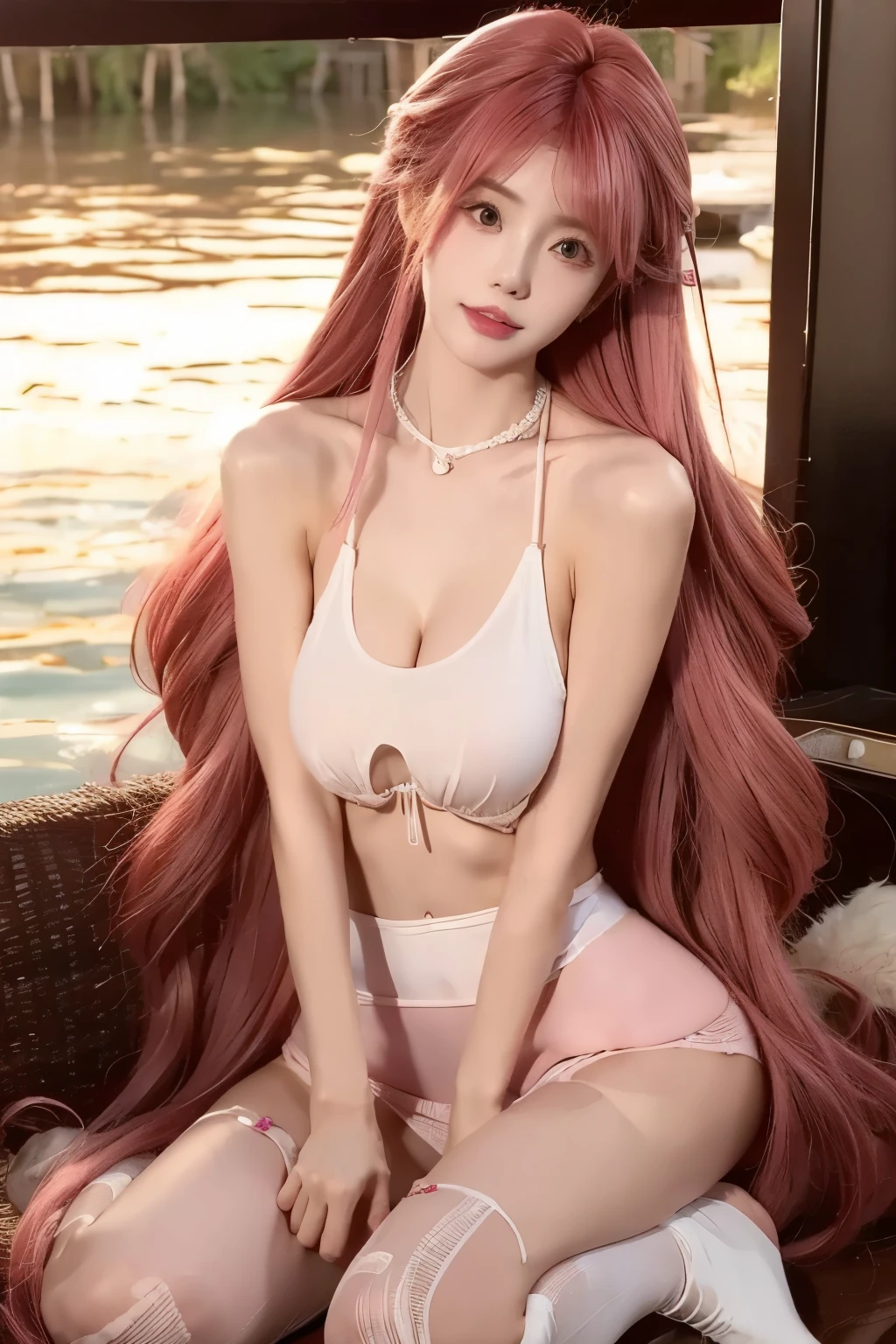  A beautiful woman with a perfect body ：1.4， prominent cleavage ，Layered Hairstyle，Skin Whitening，Long Pink Hair，white stockings