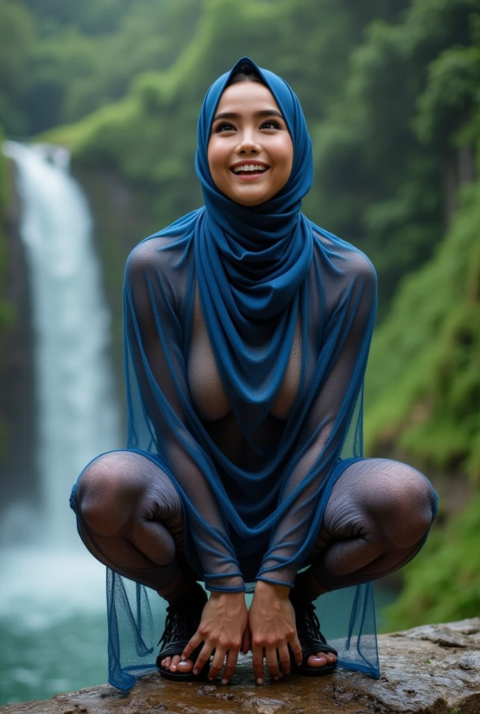 Japanese woman, oval face, slim face. Slender, thin, Slender and tall body. White skin., 25 years old , slim body abs, tall , ((medium breast:1.1)), beautiful lady, Nikon Z 85mm, ((best quality)) ((masterpiece)), intricate detail, ((almost )), sharp focus, professional, realistic, real life, hyperreal, photorealistic, fine detail, best quality, very Detailed CG unity 8k wallpaper, perfect artwork, Full body, glowing eyes, realistic, perfect female hourglass figure, thin waist, wide buttocks, looking at viewer, extremely delicate and beautiful, best quality, beautiful detail girl, beautiful eye detail, face lighting, film lighting, perspective, revealing buttocks, perfect collarbone, realistic facial expression, (exquisite detail, makeup, (exquisite beautiful exquisite face, delicate and beautiful eyes, a face with perfect proportions, high-detailed skin,((wearing light purple closed hijab, wearing super transparent light purple tight long floral gamis, unbuttoned loose opened clothes, showing nude breasts and nipples.showing nude vagina)), simple diamond necklace, ((open clothes), leaning in the mat, outdoor, bedise small stone river, undressing nude body. ((Wet body, soaking half body in the river, wet hijab, spalsh water))