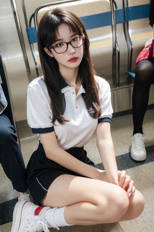 (Girl sitting on train seat)、Best quality work,Actual work,Ultra Premium Graphics,8K HD CG works,High quality graphics,High-definition CG works,10x pixels,Extremely fine detail:1.1,Advanced Technical Details:1.1 Photorealistic,Indoor lighting effects:1.5,Natural light:1.5. Light effects(virtual Light effects:1.8),(Golden white short hair)、(Bob Hair)、(Eyes closed), Thin eyebrows,High nose, Nice red lips, Rose Cheeks, A face with subtle makeup , Cute face, perfectly balanced face,(girl in school uniform),A light-toned foundation enhances the clarity of your skin.,((High school girl on the train door))、,((White blouse、Red tie、Dark blue checked skirt)). 40k, photograph, Tabletop, highest quality, Rainy background, ((bright hair girl, She has a beautiful face and wears glasses, )). White skin, Various poses.((Medium sized breasts,:1.1)), highest quality, Tabletop, Ultra-high resolution, (Realistic:1.4), RAWphotograph, (Perfect figure), (slim:1.3), Slim abdomen, Perfect slim figure, Dynamic Pose, alone, Cold light 12000K, (Realistic Skin), Charm, 超A high resolution, Surreal, Very detailed,(Panties are visible),((Dozing off)),((Eyes closed))、