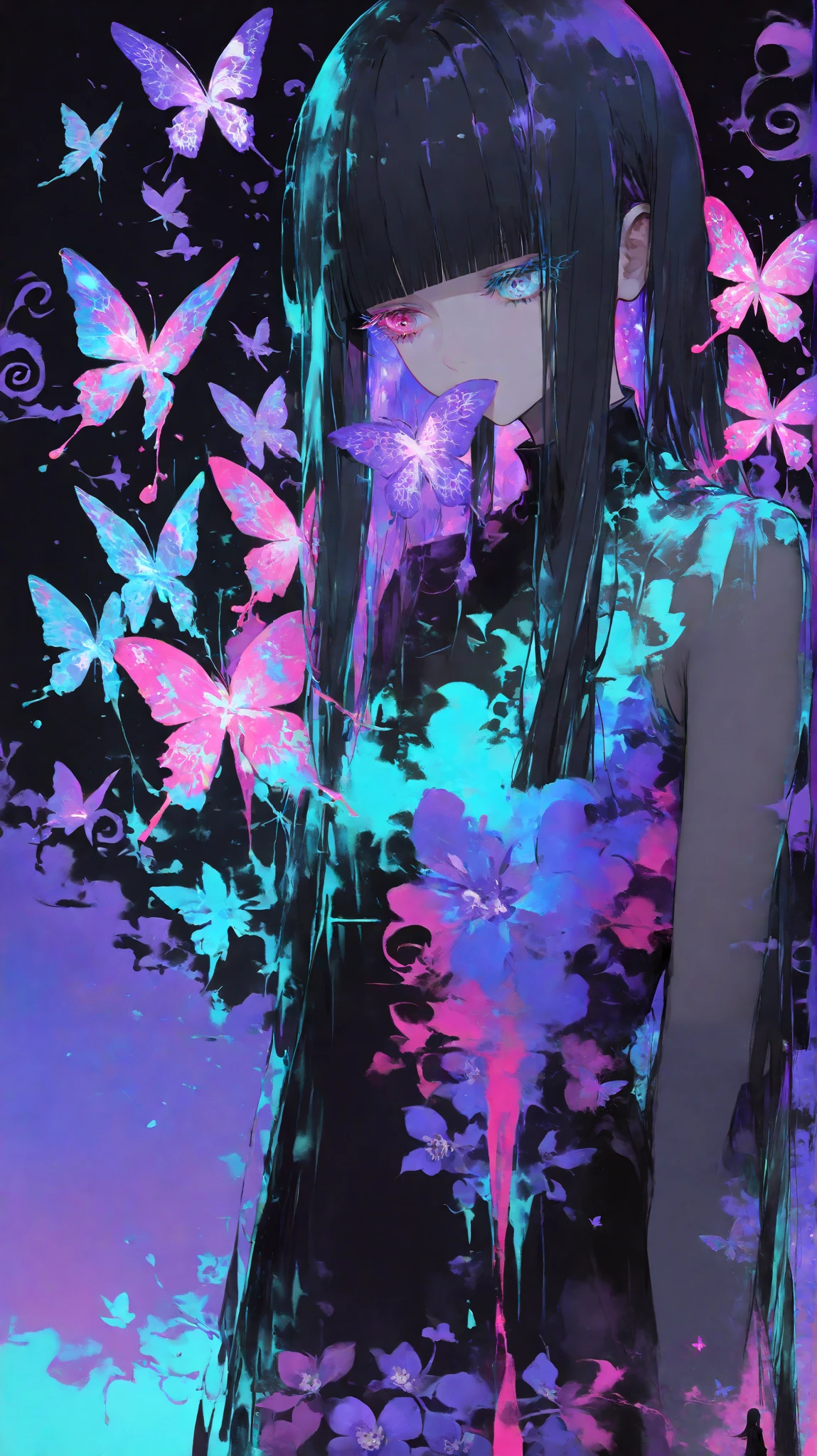 (8k resolution:1.1), (surreal illustration:1.4), 1 tom boy, solitary figure, jet black hair, blunt bangs, (violet and pink heterochromia:1.3), long straight hair, hair over mouth, delicate eyelashes, floating butterflies, (crystalline snowflakes:1.1), void elements, monochromatic purple palette, flowing floral patterns, abstract liquid background, midnight blue accents, melancholic gaze, concept art style, digital painting, (luminescent skin:1.1), dramatic chiaroscuro, iridescent highlights, transparent fabric wisps, atmospheric particles, geometric fracture details, haunting beauty, emotional contrast, sharp linework, oil paint texture, Solid color background, depth of field, (best quality:1.2)