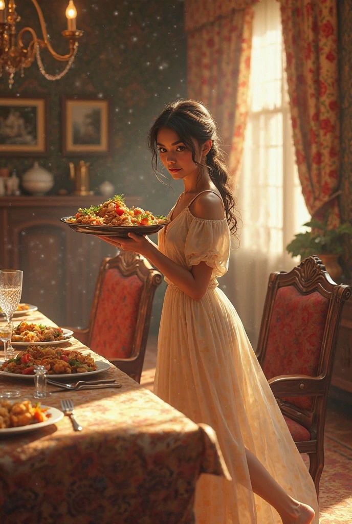 (best quality,4k,highres,masterpiece:1.2),ultra-detailed,(realistic,photorealistic,photo-realistic:1.37),beautiful woman, green eyes,gloss red lips,(long eyelashes:1.1),feminine facial features,elegant posture,expensive green floral dress,perfectly styled hair,sparkling earrings,glowing brown skin complexion,(charming smile:1.1),celebratory atmosphere,(birthday cake in both hands:1.1),(beautifully decorated restaurant:1.1),candlelight ambiance,subtle and warm lighting,vibrant colors,pastel color palette,fine dining experience,exquisite table setting,floral centerpiece,scrumptious delicacies,tempting desserts,inviting aromas,joyful celebration,merry laughter,happy and excited guests,content and blissful expressions