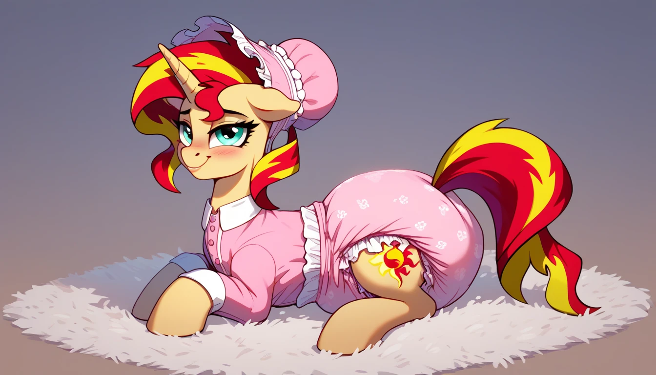 Brown female pegasus pony, red braided hair, green eyes, large crotchboobs, laying on stomach, masturbation