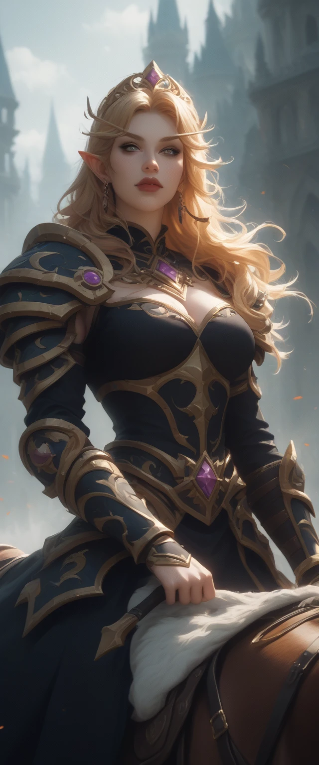 Full body portrait of one extremely beautiful blonde young woman, perfection, tall, huge breasts, impressive cleavage, powerful, determined, confident, powerful sorceress walking down stairs, charismatic badass, omnipotent, very sensual, very sexy, in a medieval fantasy setting, rich magical academy hall, masterpiece, dynamic intense lighting, epic shot, highly detailed, eloquent shot, large shot, surrounded by purple magical intense energy
